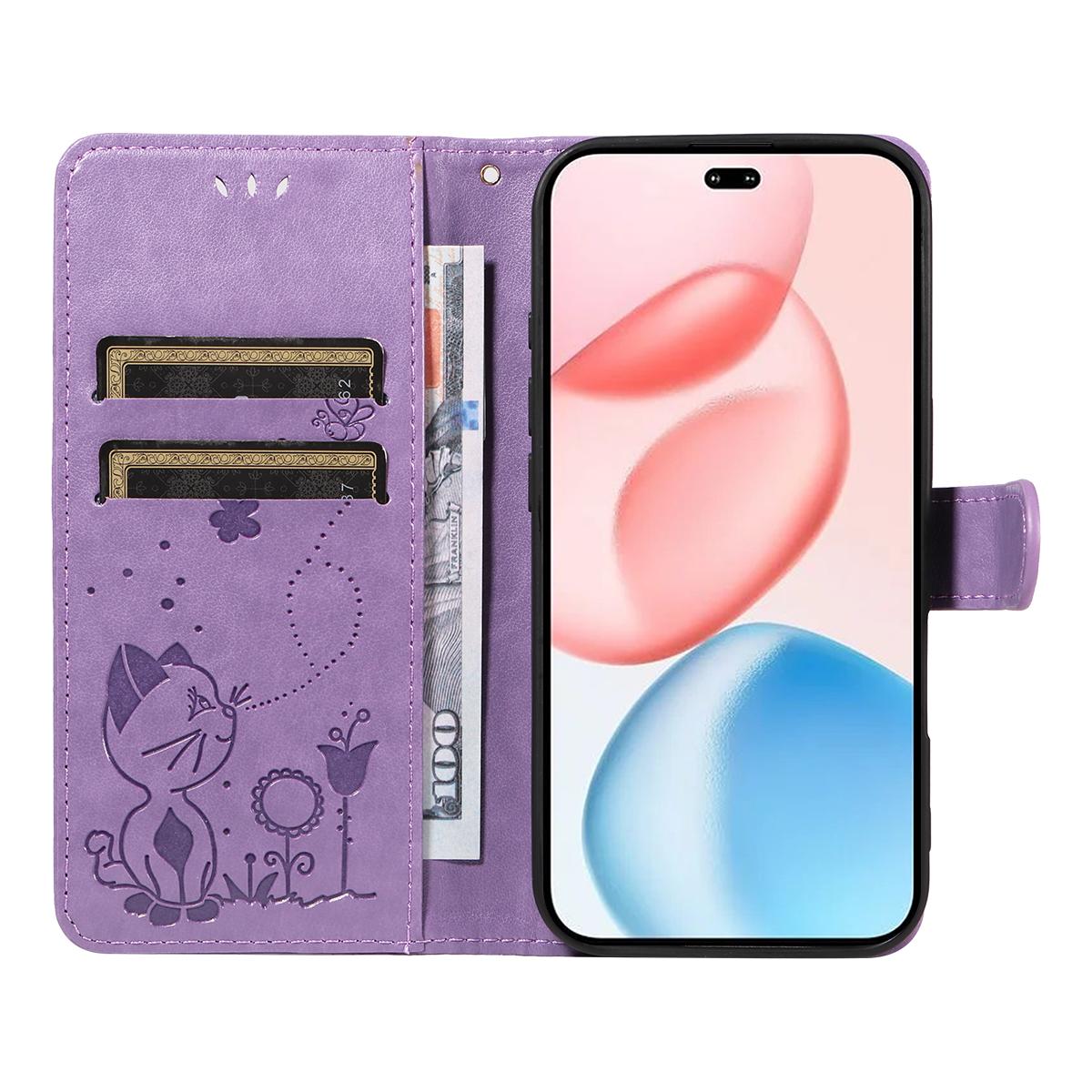 For Honor 400 Pro 160.8mm Cat and Bee Embossed Flip Leather Phone Case Wallet Cover with Card Slots Cash Pocket Magnetic Stand Protective Shockproof TPU PU Leather Case with Wrist Strap