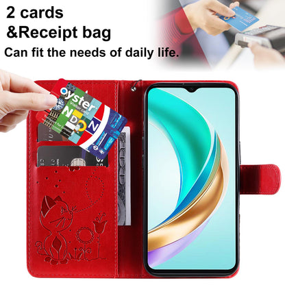 For Honor X6c Cat and Bee Embossed Flip Leather Phone Case Wallet Cover with Card Slots Cash Pocket Magnetic Stand Protective Shockproof TPU PU Leather Case with Wrist Strap