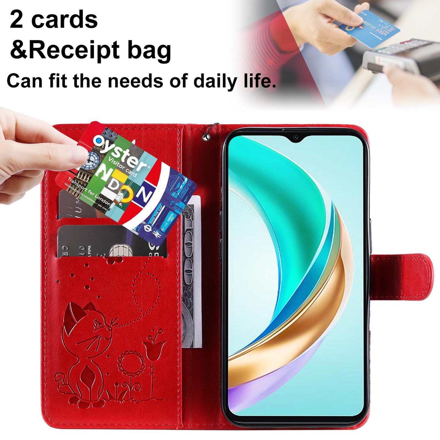 For Honor X6a Cat and Bee Embossed Flip Leather Phone Case Wallet Cover with Card Slots Cash Pocket Magnetic Stand Protective Shockproof TPU PU Leather Case with Wrist Strap