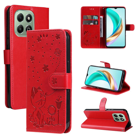 For Honor X6a Cat and Bee Embossed Flip Leather Phone Case Wallet Cover with Card Slots Cash Pocket Magnetic Stand Protective Shockproof TPU PU Leather Case with Wrist Strap