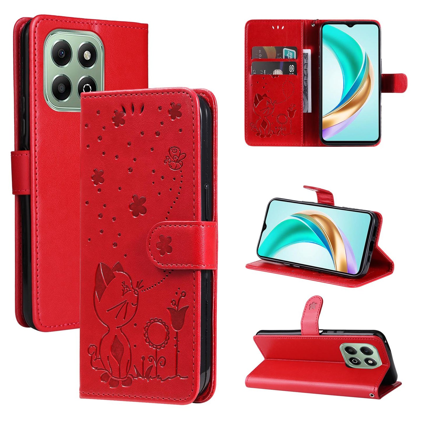 For Honor X5b Cat and Bee Embossed Flip Leather Phone Case Wallet Cover with Card Slots Cash Pocket Magnetic Stand Protective Shockproof TPU PU Leather Case with Wrist Strap