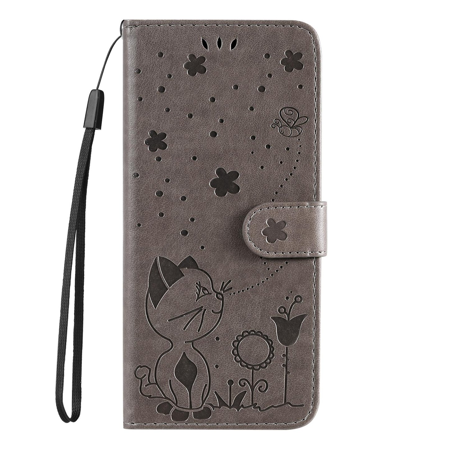 For Honor X6a Cat and Bee Embossed Flip Leather Phone Case Wallet Cover with Card Slots Cash Pocket Magnetic Stand Protective Shockproof TPU PU Leather Case with Wrist Strap