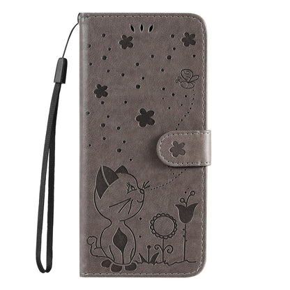 For Honor X6a Cat and Bee Embossed Flip Leather Phone Case Wallet Cover with Card Slots Cash Pocket Magnetic Stand Protective Shockproof TPU PU Leather Case with Wrist Strap