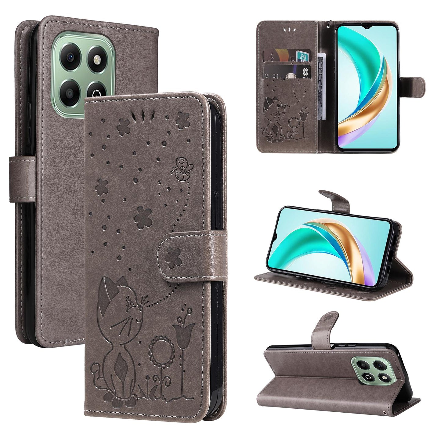 For Honor X5b Cat and Bee Embossed Flip Leather Phone Case Wallet Cover with Card Slots Cash Pocket Magnetic Stand Protective Shockproof TPU PU Leather Case with Wrist Strap