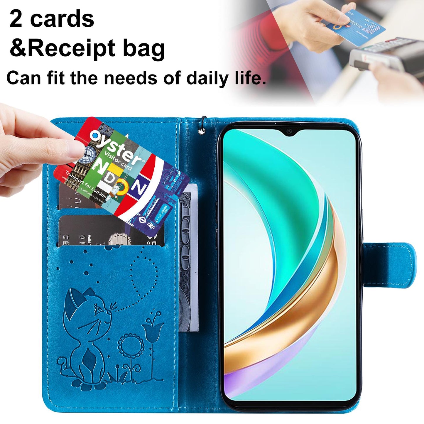 For Honor X6c Cat and Bee Embossed Flip Leather Phone Case Wallet Cover with Card Slots Cash Pocket Magnetic Stand Protective Shockproof TPU PU Leather Case with Wrist Strap