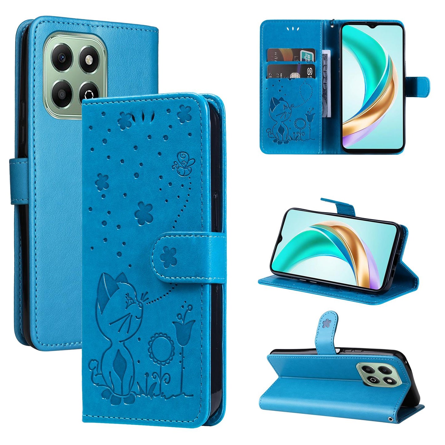 For Honor X6a Cat and Bee Embossed Flip Leather Phone Case Wallet Cover with Card Slots Cash Pocket Magnetic Stand Protective Shockproof TPU PU Leather Case with Wrist Strap