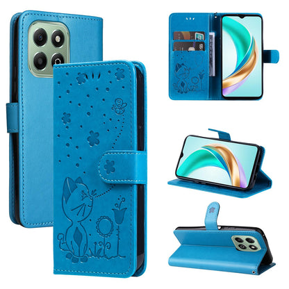 For Honor X6a Cat and Bee Embossed Flip Leather Phone Case Wallet Cover with Card Slots Cash Pocket Magnetic Stand Protective Shockproof TPU PU Leather Case with Wrist Strap