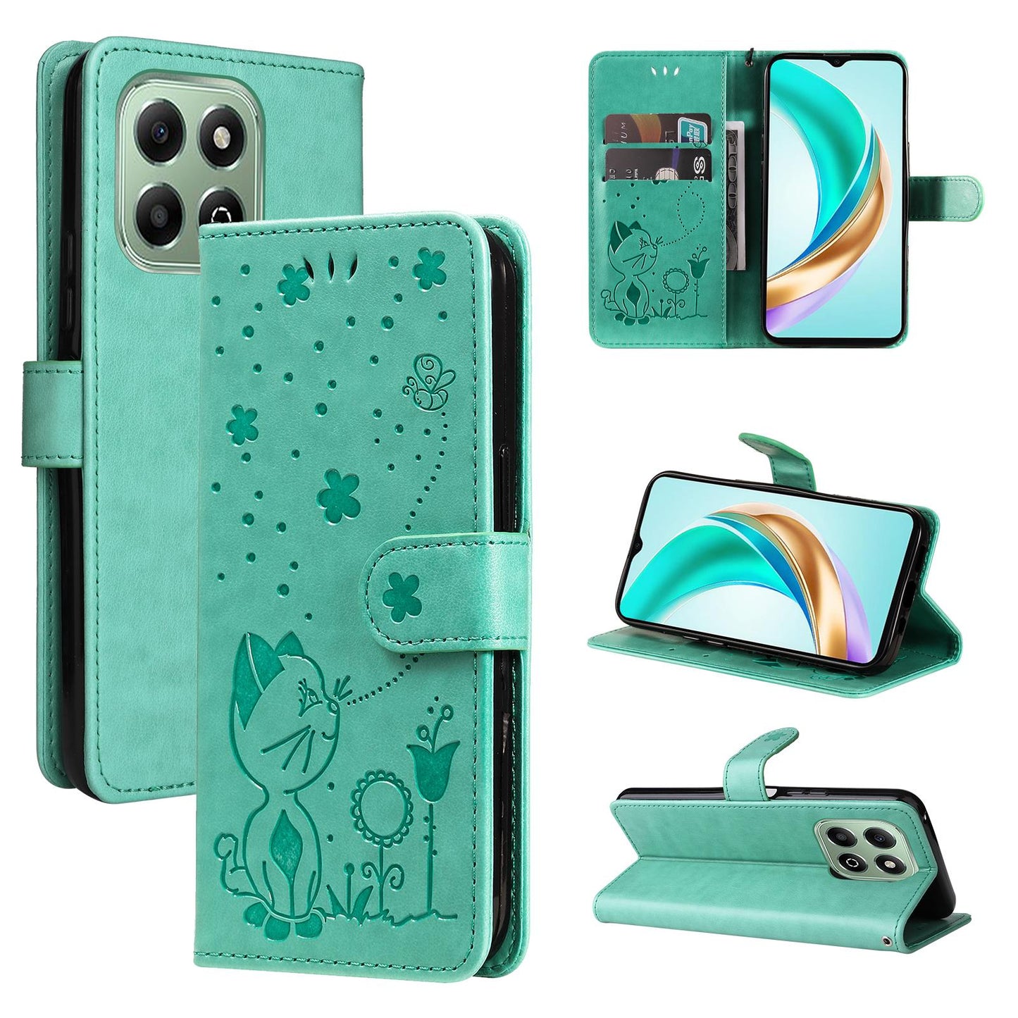 For Honor X6c Cat and Bee Embossed Flip Leather Phone Case Wallet Cover with Card Slots Cash Pocket Magnetic Stand Protective Shockproof TPU PU Leather Case with Wrist Strap