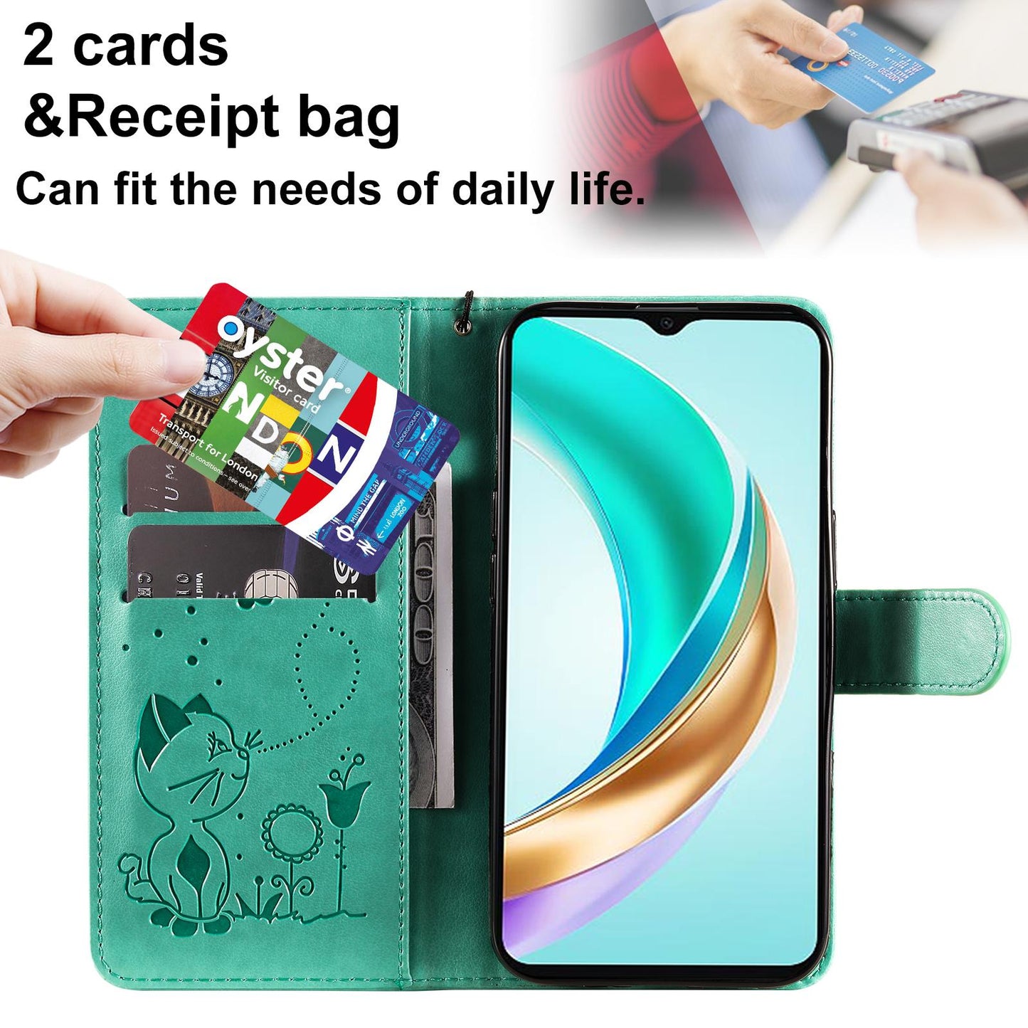 For Honor X5b Cat and Bee Embossed Flip Leather Phone Case Wallet Cover with Card Slots Cash Pocket Magnetic Stand Protective Shockproof TPU PU Leather Case with Wrist Strap