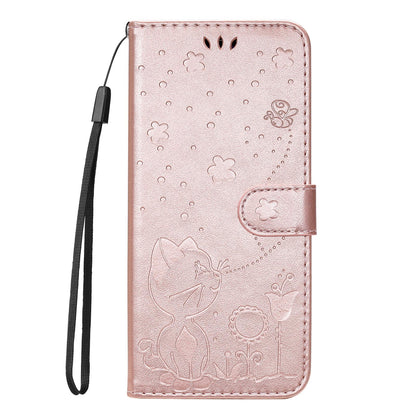 For Honor X6b Cat and Bee Embossed Flip Leather Phone Case Wallet Cover with Card Slots Cash Pocket Magnetic Stand Protective Shockproof TPU PU Leather Case with Wrist Strap