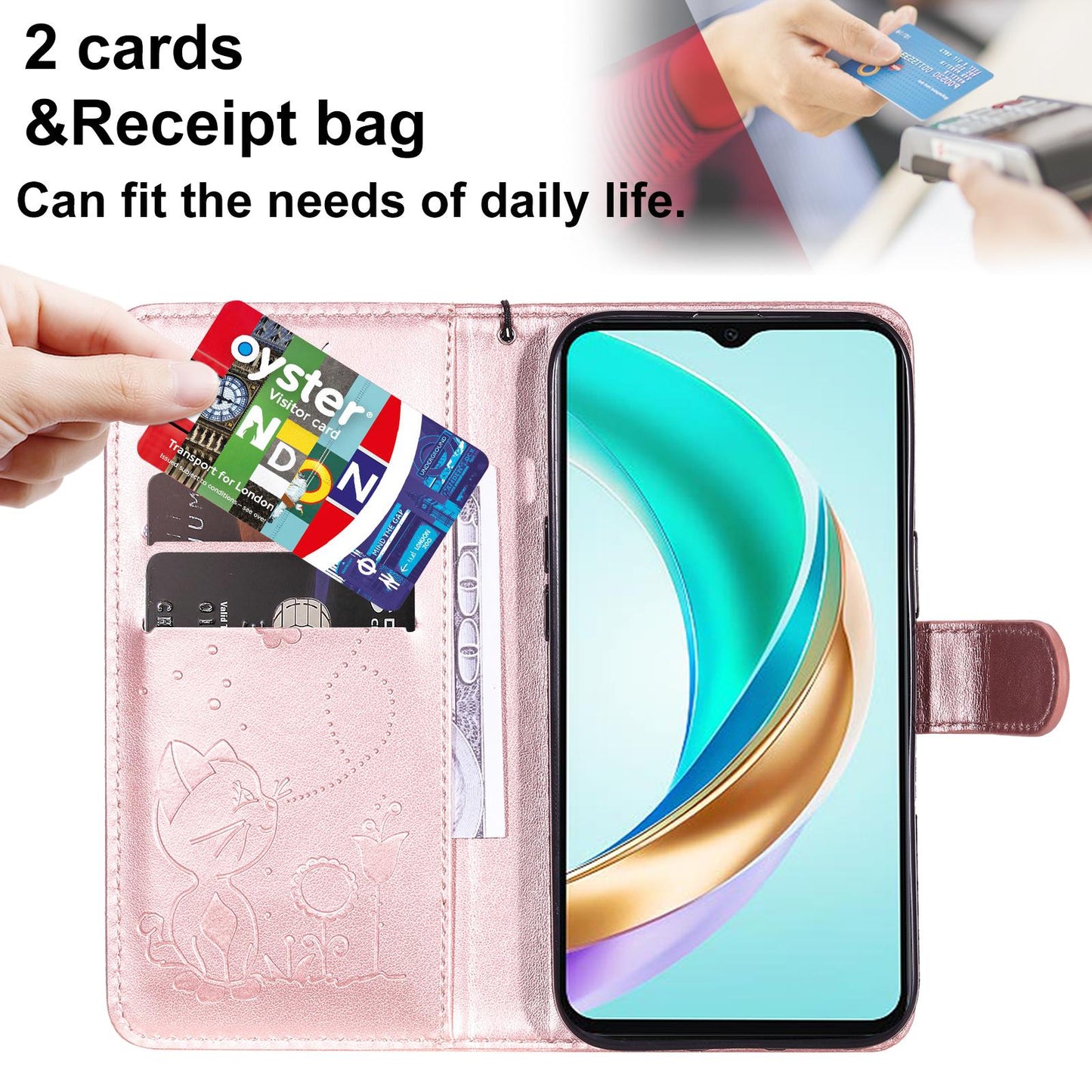 For Honor X6c Cat and Bee Embossed Flip Leather Phone Case Wallet Cover with Card Slots Cash Pocket Magnetic Stand Protective Shockproof TPU PU Leather Case with Wrist Strap