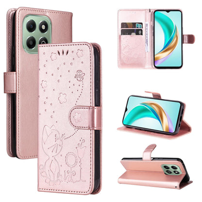 For Honor X6b Cat and Bee Embossed Flip Leather Phone Case Wallet Cover with Card Slots Cash Pocket Magnetic Stand Protective Shockproof TPU PU Leather Case with Wrist Strap