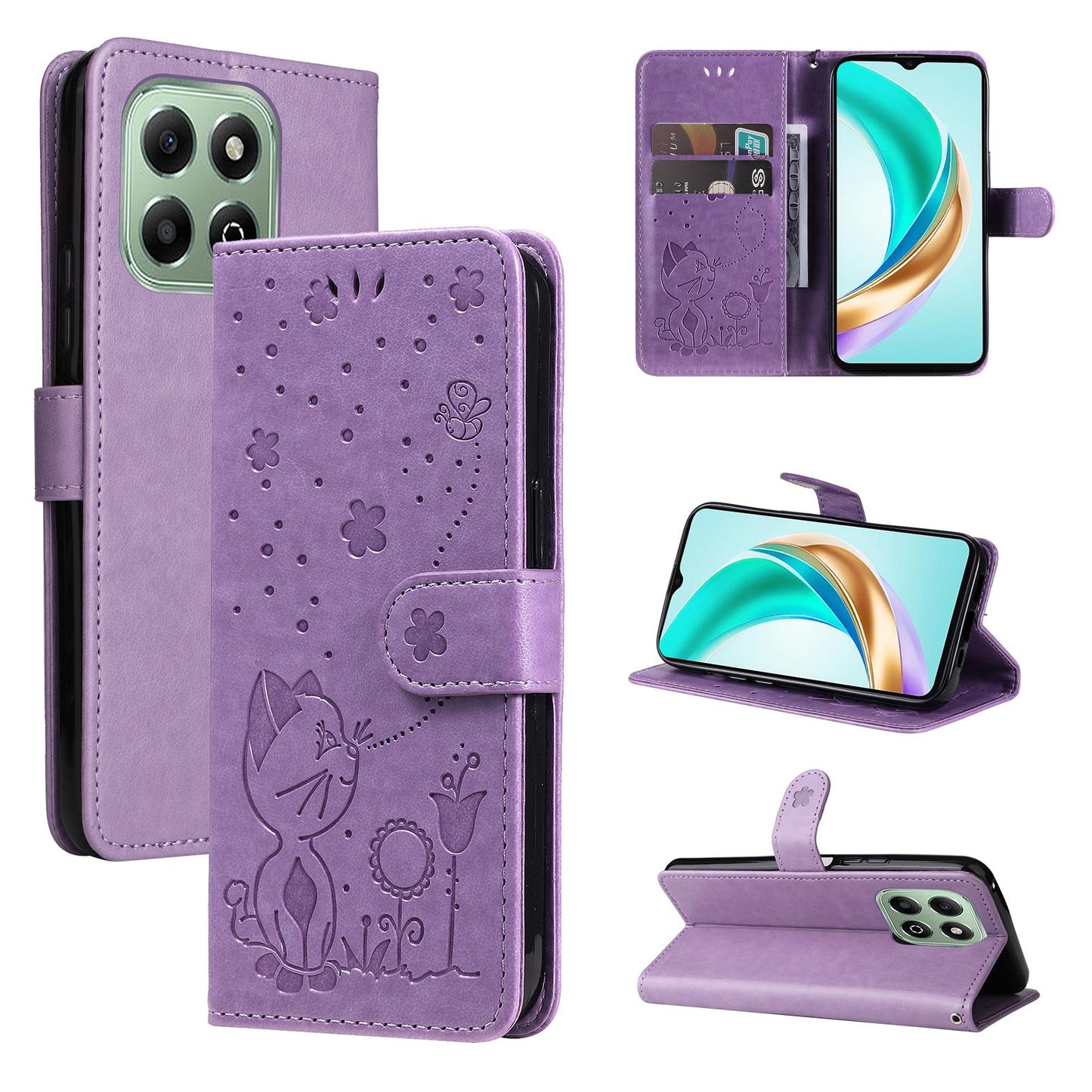 For Honor X6a Cat and Bee Embossed Flip Leather Phone Case Wallet Cover with Card Slots Cash Pocket Magnetic Stand Protective Shockproof TPU PU Leather Case with Wrist Strap