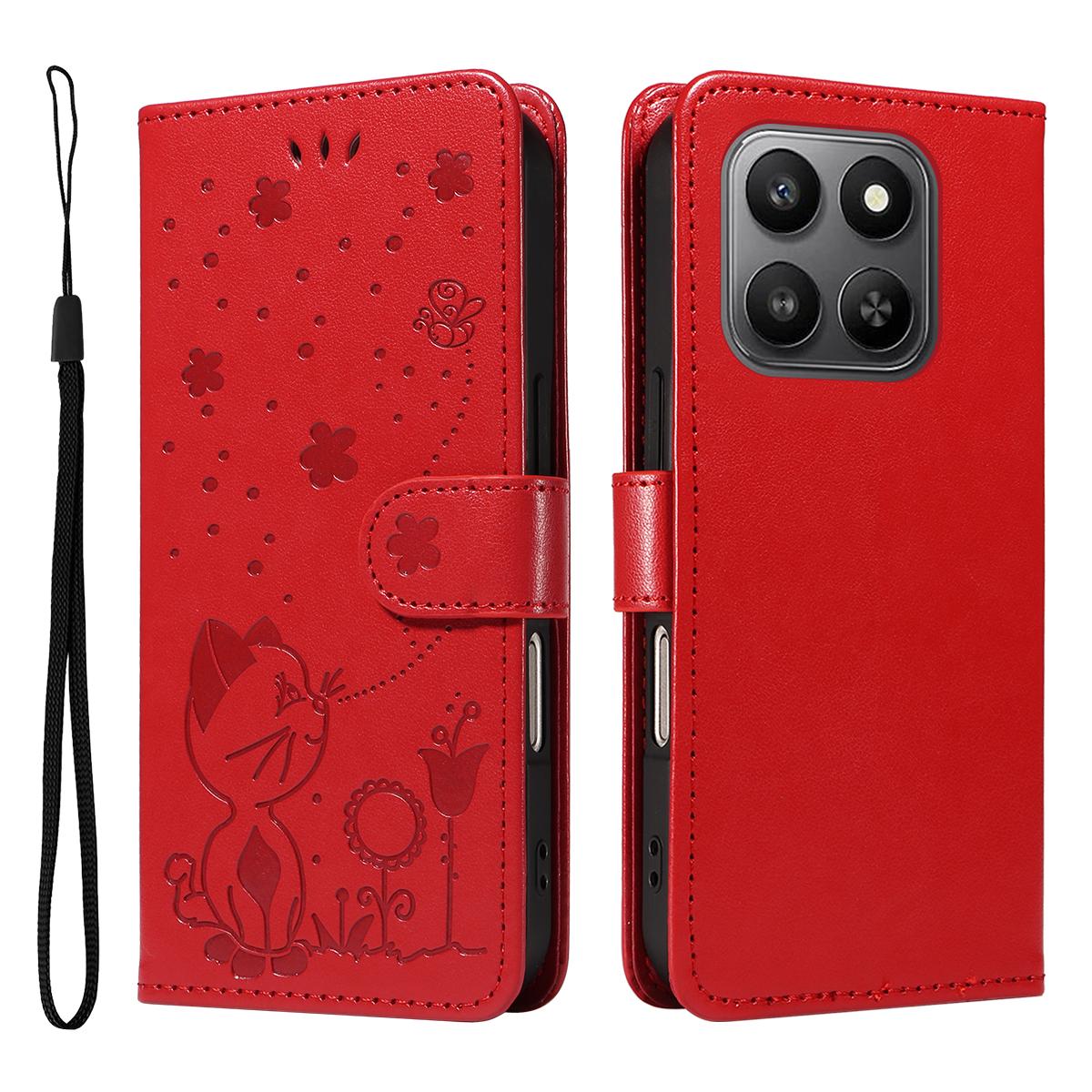 For Honor 400 Smart 5G Cat and Bee Embossed Flip Leather Phone Case Wallet Cover with Card Slots Cash Pocket Magnetic Stand Protective Shockproof TPU PU Leather Case with Wrist Strap