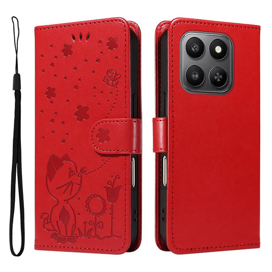 For Honor 400 Smart 5G Cat and Bee Embossed Flip Leather Phone Case Wallet Cover with Card Slots Cash Pocket Magnetic Stand Protective Shockproof TPU PU Leather Case with Wrist Strap