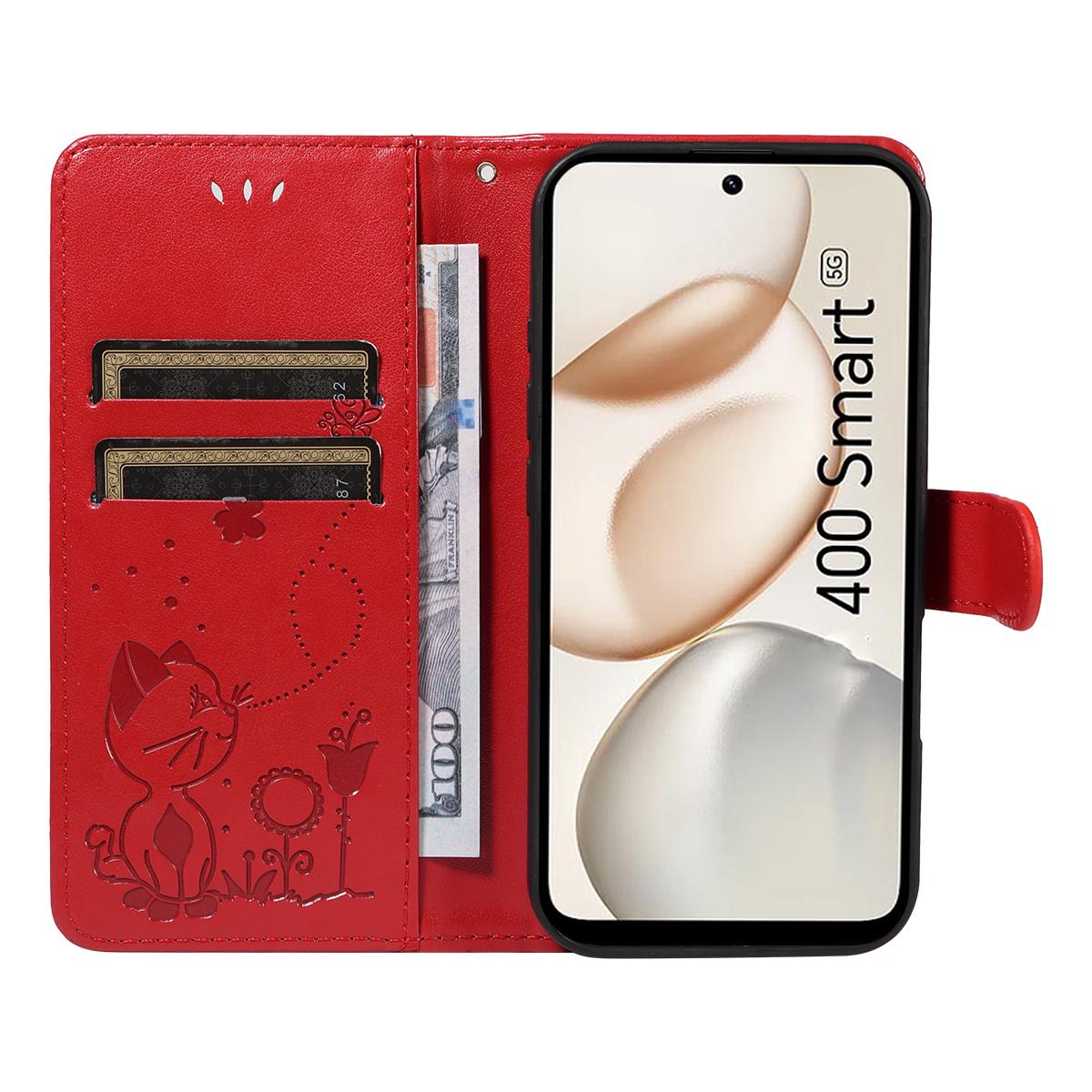 For Honor 400 Smart 5G Cat and Bee Embossed Flip Leather Phone Case Wallet Cover with Card Slots Cash Pocket Magnetic Stand Protective Shockproof TPU PU Leather Case with Wrist Strap