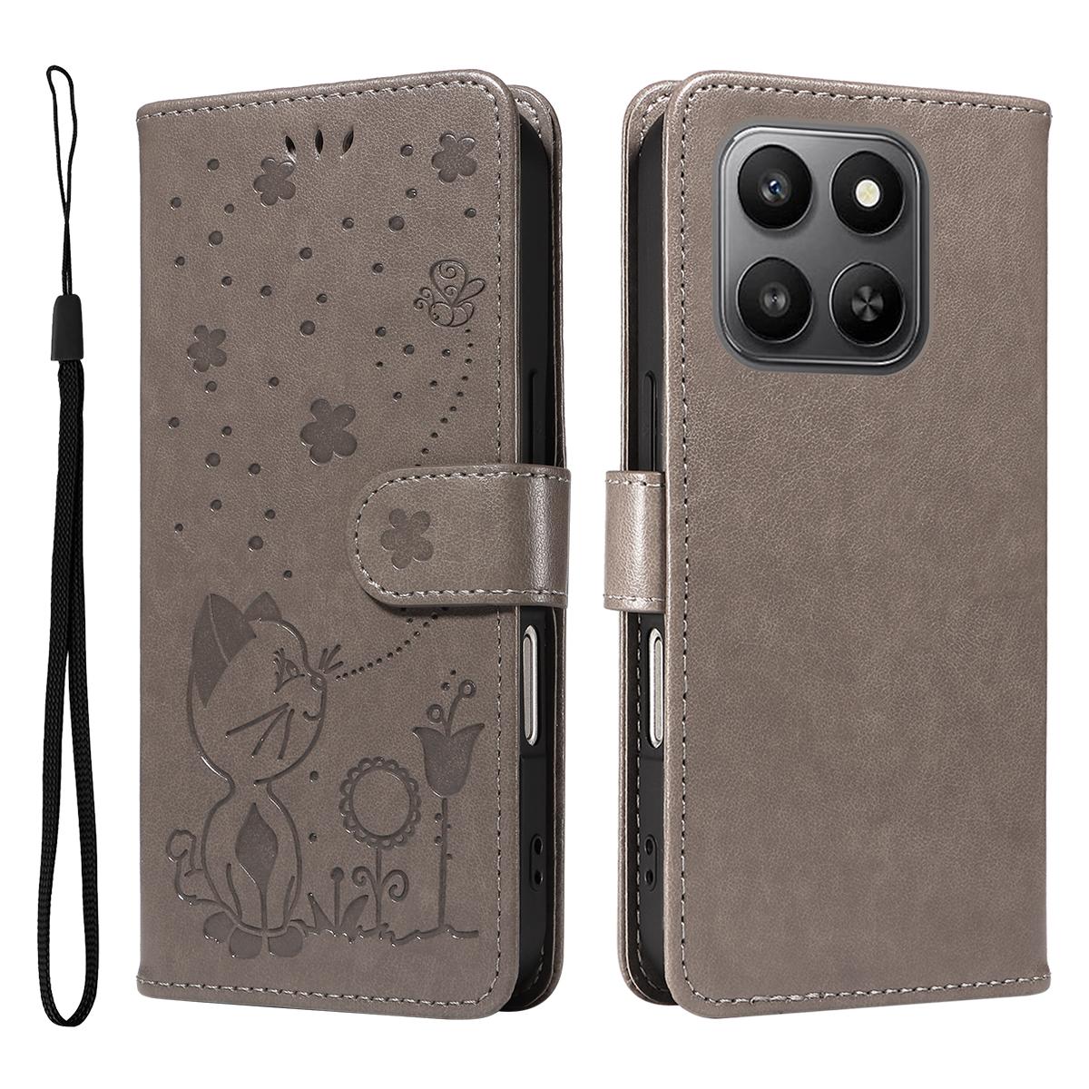 For Honor 400 Smart 5G Cat and Bee Embossed Flip Leather Phone Case Wallet Cover with Card Slots Cash Pocket Magnetic Stand Protective Shockproof TPU PU Leather Case with Wrist Strap
