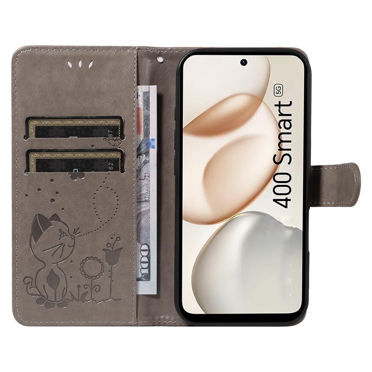 For Honor 400 Smart 5G Cat and Bee Embossed Flip Leather Phone Case Wallet Cover with Card Slots Cash Pocket Magnetic Stand Protective Shockproof TPU PU Leather Case with Wrist Strap