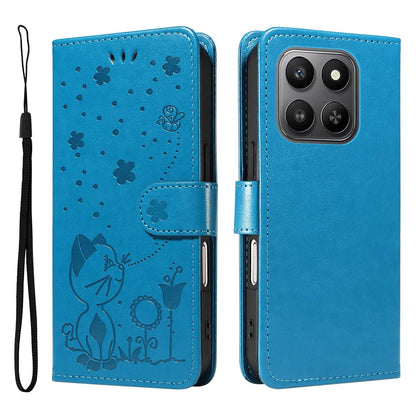 For Honor 400 Smart 5G Cat and Bee Embossed Flip Leather Phone Case Wallet Cover with Card Slots Cash Pocket Magnetic Stand Protective Shockproof TPU PU Leather Case with Wrist Strap