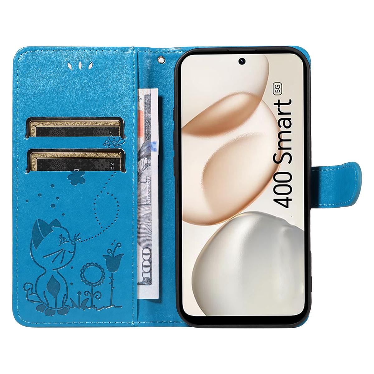 For Honor 400 Smart 5G Cat and Bee Embossed Flip Leather Phone Case Wallet Cover with Card Slots Cash Pocket Magnetic Stand Protective Shockproof TPU PU Leather Case with Wrist Strap