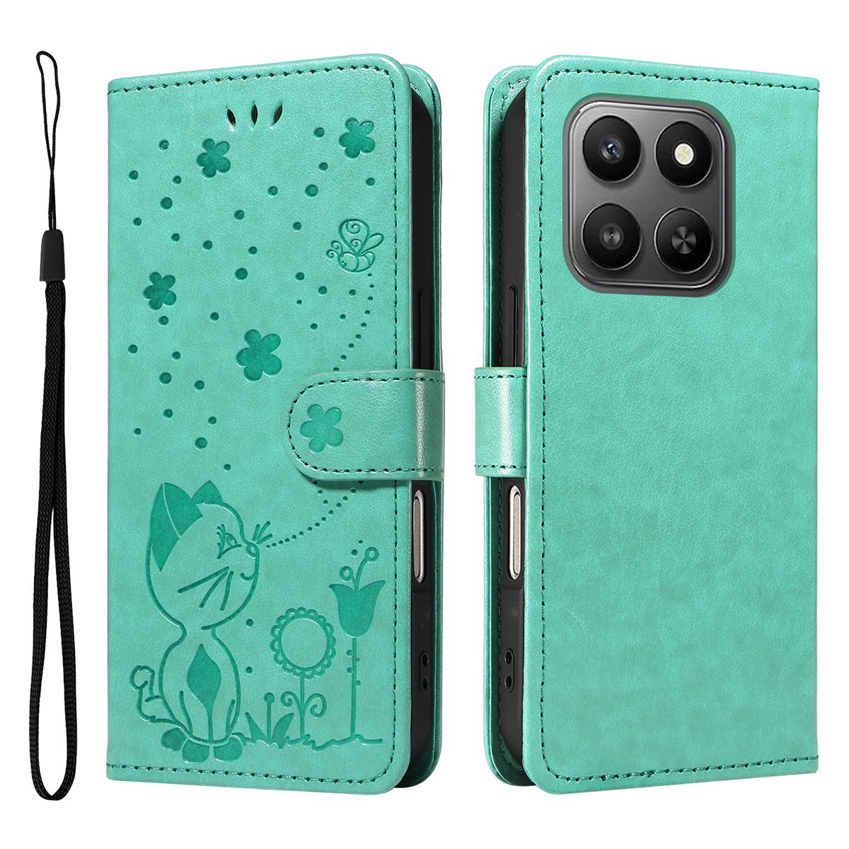 For Honor 400 Smart 5G Cat and Bee Embossed Flip Leather Phone Case Wallet Cover with Card Slots Cash Pocket Magnetic Stand Protective Shockproof TPU PU Leather Case with Wrist Strap