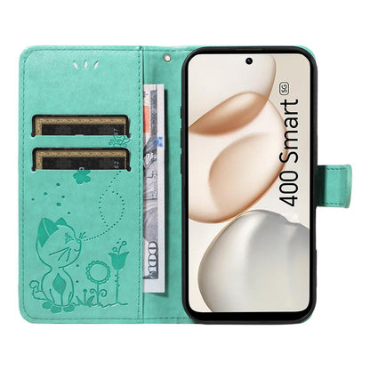 For Honor 400 Smart 5G Cat and Bee Embossed Flip Leather Phone Case Wallet Cover with Card Slots Cash Pocket Magnetic Stand Protective Shockproof TPU PU Leather Case with Wrist Strap