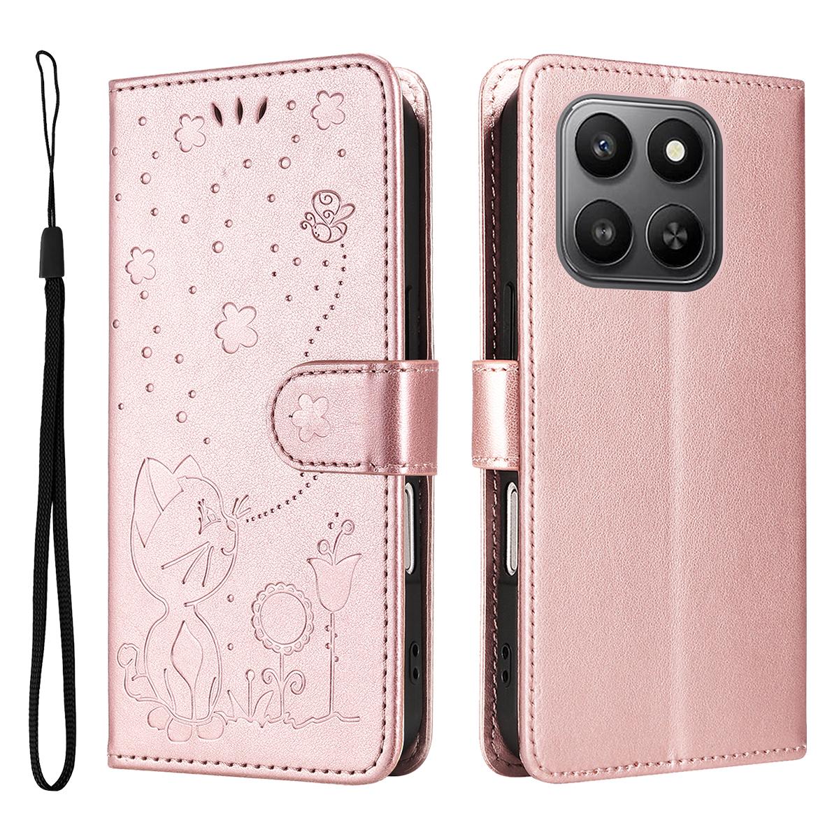 For Honor 400 Smart 5G Cat and Bee Embossed Flip Leather Phone Case Wallet Cover with Card Slots Cash Pocket Magnetic Stand Protective Shockproof TPU PU Leather Case with Wrist Strap