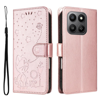 For Honor 400 Smart 5G Cat and Bee Embossed Flip Leather Phone Case Wallet Cover with Card Slots Cash Pocket Magnetic Stand Protective Shockproof TPU PU Leather Case with Wrist Strap
