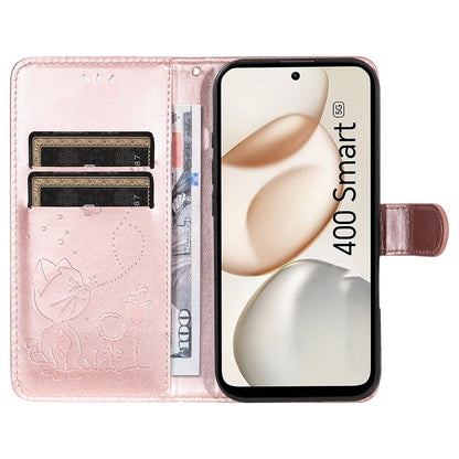 For Honor 400 Smart 5G Cat and Bee Embossed Flip Leather Phone Case Wallet Cover with Card Slots Cash Pocket Magnetic Stand Protective Shockproof TPU PU Leather Case with Wrist Strap