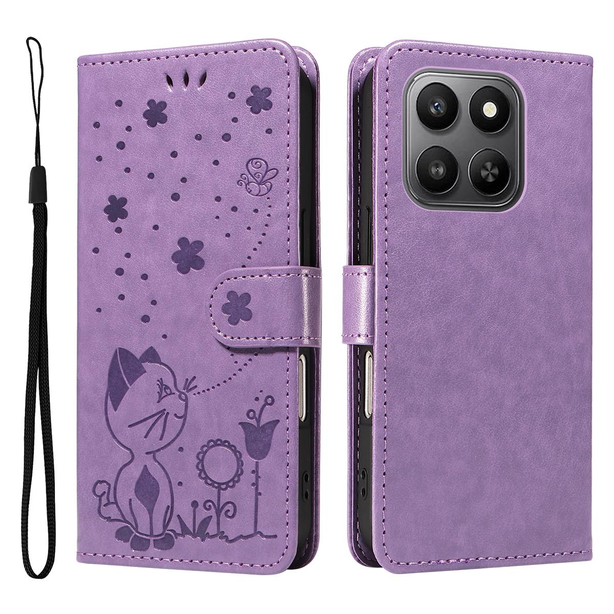 For Honor 400 Smart 5G Cat and Bee Embossed Flip Leather Phone Case Wallet Cover with Card Slots Cash Pocket Magnetic Stand Protective Shockproof TPU PU Leather Case with Wrist Strap