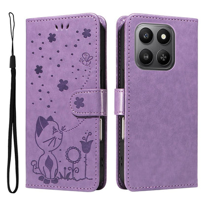 For Honor 400 Smart 5G Cat and Bee Embossed Flip Leather Phone Case Wallet Cover with Card Slots Cash Pocket Magnetic Stand Protective Shockproof TPU PU Leather Case with Wrist Strap