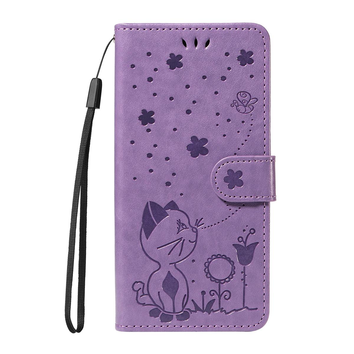 For Honor 400 Smart 5G Cat and Bee Embossed Flip Leather Phone Case Wallet Cover with Card Slots Cash Pocket Magnetic Stand Protective Shockproof TPU PU Leather Case with Wrist Strap