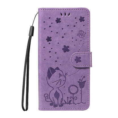 For Honor 400 Smart 5G Cat and Bee Embossed Flip Leather Phone Case Wallet Cover with Card Slots Cash Pocket Magnetic Stand Protective Shockproof TPU PU Leather Case with Wrist Strap