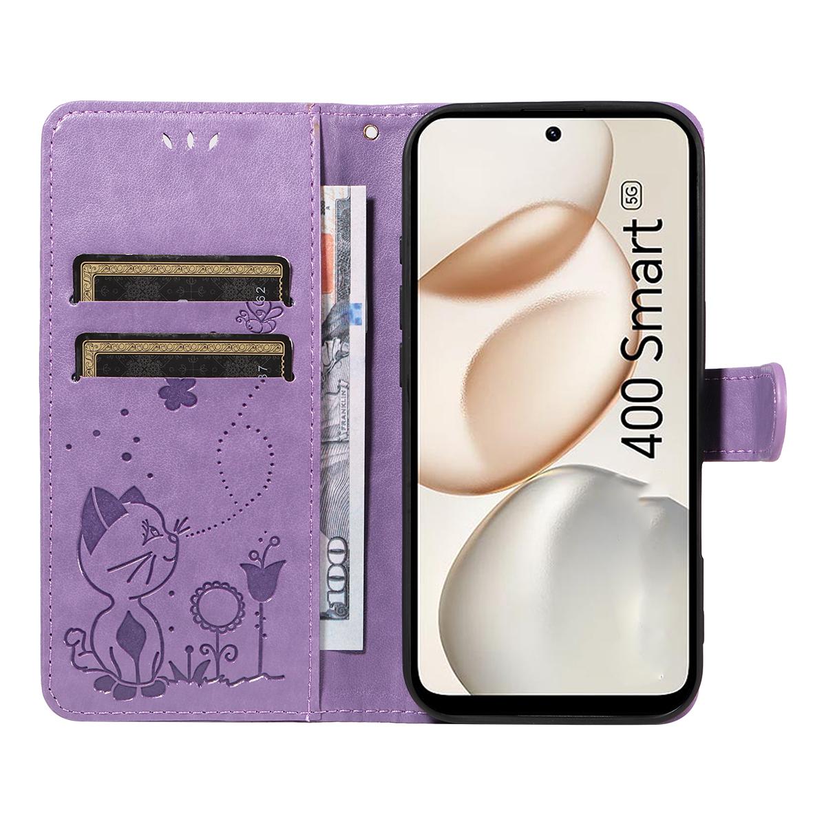 For Honor 400 Smart 5G Cat and Bee Embossed Flip Leather Phone Case Wallet Cover with Card Slots Cash Pocket Magnetic Stand Protective Shockproof TPU PU Leather Case with Wrist Strap