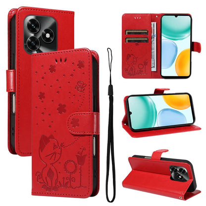 For Honor X5c Plus Cat and Bee Embossed Flip Leather Phone Case Wallet Cover with Card Slots Cash Pocket Magnetic Stand Protective Shockproof TPU PU Leather Case with Wrist Strap