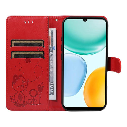 For Honor X5c Plus Cat and Bee Embossed Flip Leather Phone Case Wallet Cover with Card Slots Cash Pocket Magnetic Stand Protective Shockproof TPU PU Leather Case with Wrist Strap