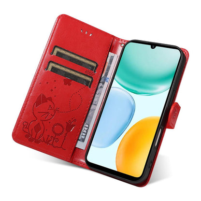 For Honor X5c Plus Cat and Bee Embossed Flip Leather Phone Case Wallet Cover with Card Slots Cash Pocket Magnetic Stand Protective Shockproof TPU PU Leather Case with Wrist Strap