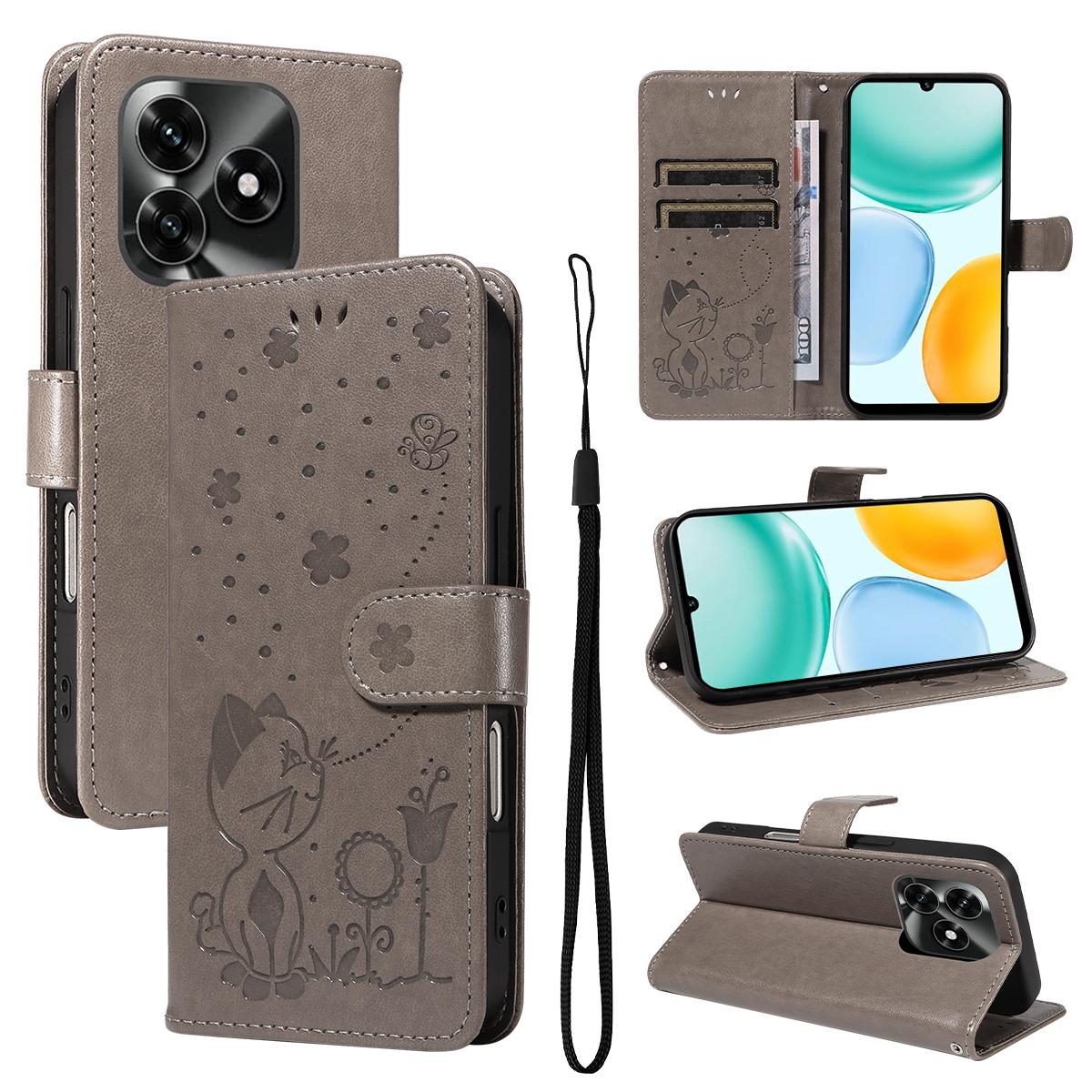 For Honor X5c Plus Cat and Bee Embossed Flip Leather Phone Case Wallet Cover with Card Slots Cash Pocket Magnetic Stand Protective Shockproof TPU PU Leather Case with Wrist Strap
