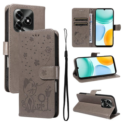 For Honor X5c Plus Cat and Bee Embossed Flip Leather Phone Case Wallet Cover with Card Slots Cash Pocket Magnetic Stand Protective Shockproof TPU PU Leather Case with Wrist Strap