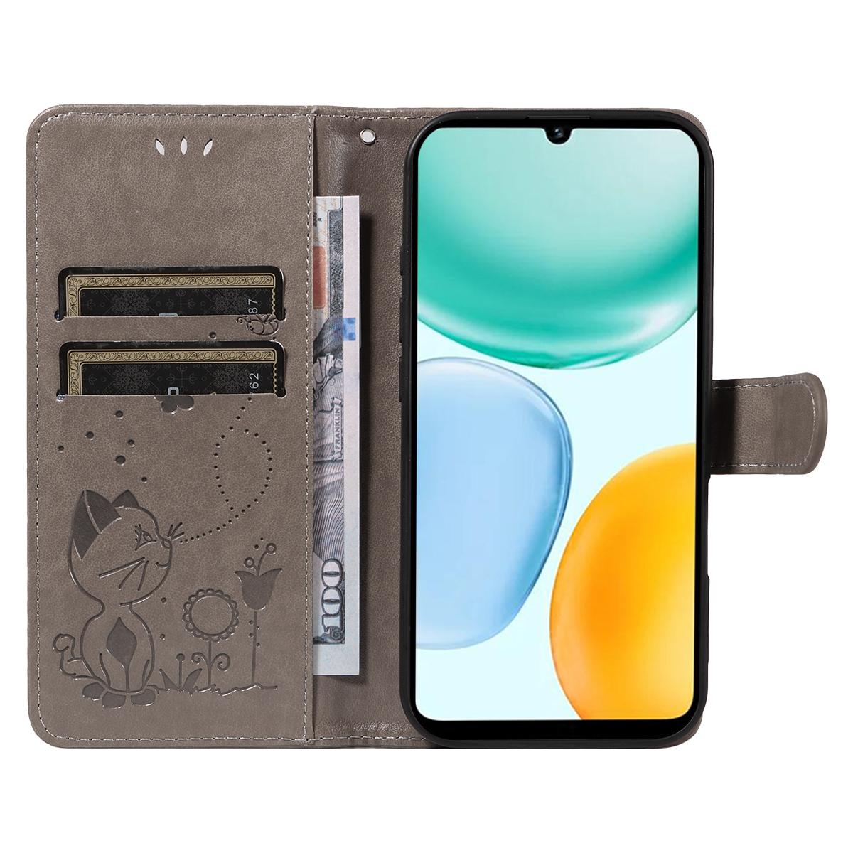 For Honor X5c Plus Cat and Bee Embossed Flip Leather Phone Case Wallet Cover with Card Slots Cash Pocket Magnetic Stand Protective Shockproof TPU PU Leather Case with Wrist Strap