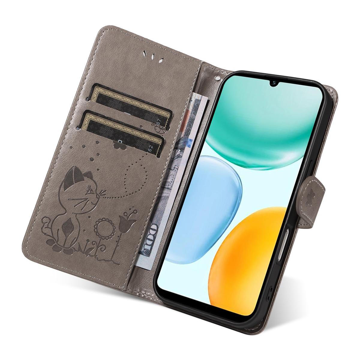 For Honor X5c Plus Cat and Bee Embossed Flip Leather Phone Case Wallet Cover with Card Slots Cash Pocket Magnetic Stand Protective Shockproof TPU PU Leather Case with Wrist Strap