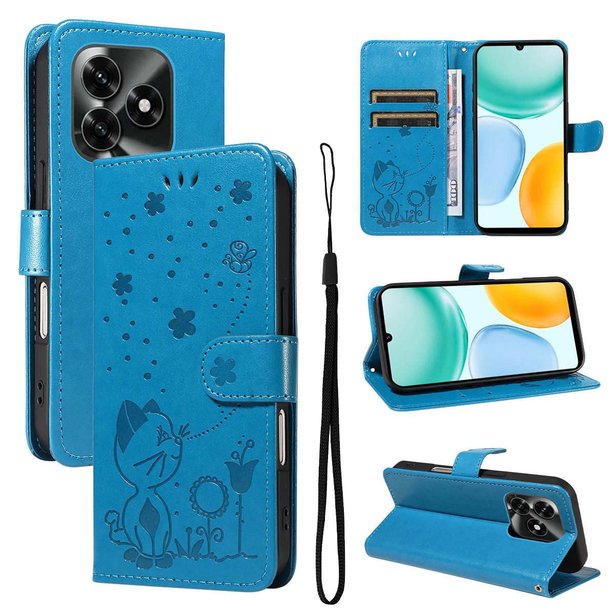 For Honor X5c Plus Cat and Bee Embossed Flip Leather Phone Case Wallet Cover with Card Slots Cash Pocket Magnetic Stand Protective Shockproof TPU PU Leather Case with Wrist Strap