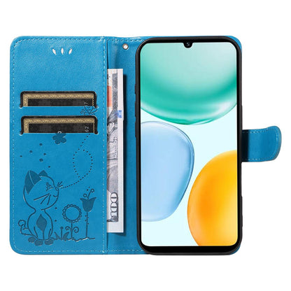 For Honor X5c Plus Cat and Bee Embossed Flip Leather Phone Case Wallet Cover with Card Slots Cash Pocket Magnetic Stand Protective Shockproof TPU PU Leather Case with Wrist Strap