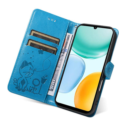 For Honor X5c Plus Cat and Bee Embossed Flip Leather Phone Case Wallet Cover with Card Slots Cash Pocket Magnetic Stand Protective Shockproof TPU PU Leather Case with Wrist Strap