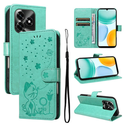 For Honor X5c Plus Cat and Bee Embossed Flip Leather Phone Case Wallet Cover with Card Slots Cash Pocket Magnetic Stand Protective Shockproof TPU PU Leather Case with Wrist Strap