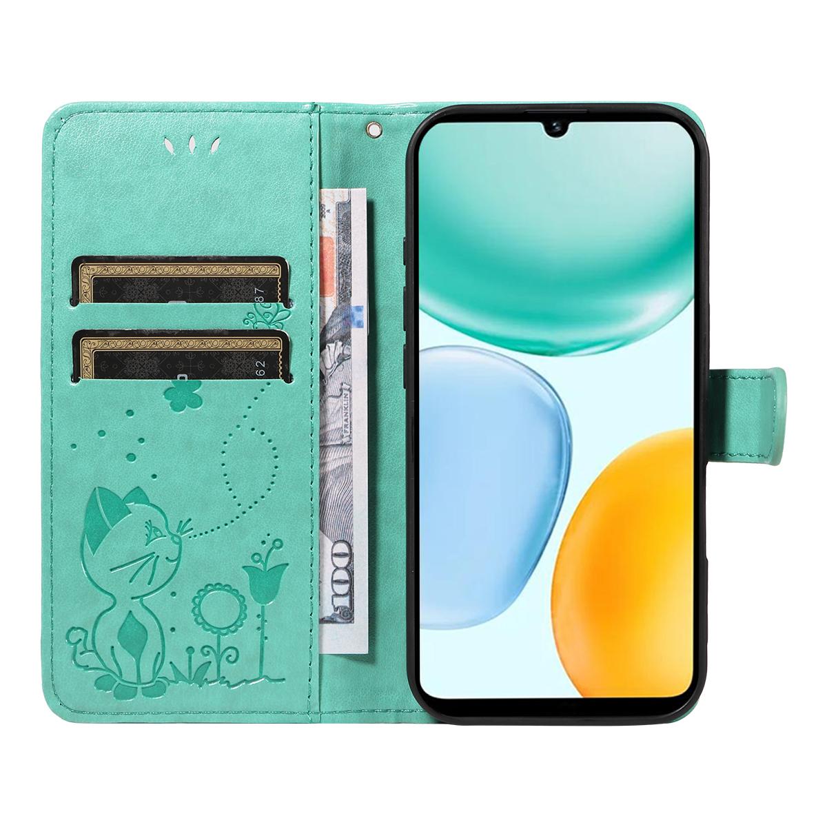 For Honor X5c Plus Cat and Bee Embossed Flip Leather Phone Case Wallet Cover with Card Slots Cash Pocket Magnetic Stand Protective Shockproof TPU PU Leather Case with Wrist Strap