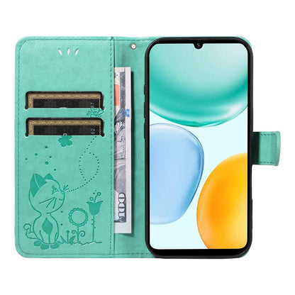 For Honor X5c Plus Cat and Bee Embossed Flip Leather Phone Case Wallet Cover with Card Slots Cash Pocket Magnetic Stand Protective Shockproof TPU PU Leather Case with Wrist Strap