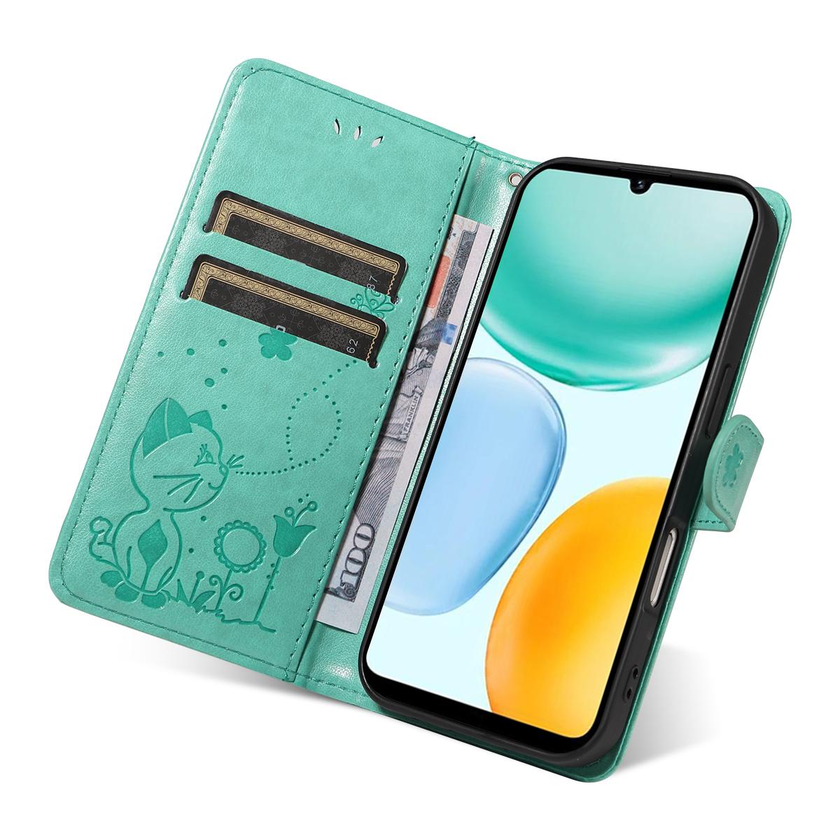 For Honor X5c Plus Cat and Bee Embossed Flip Leather Phone Case Wallet Cover with Card Slots Cash Pocket Magnetic Stand Protective Shockproof TPU PU Leather Case with Wrist Strap