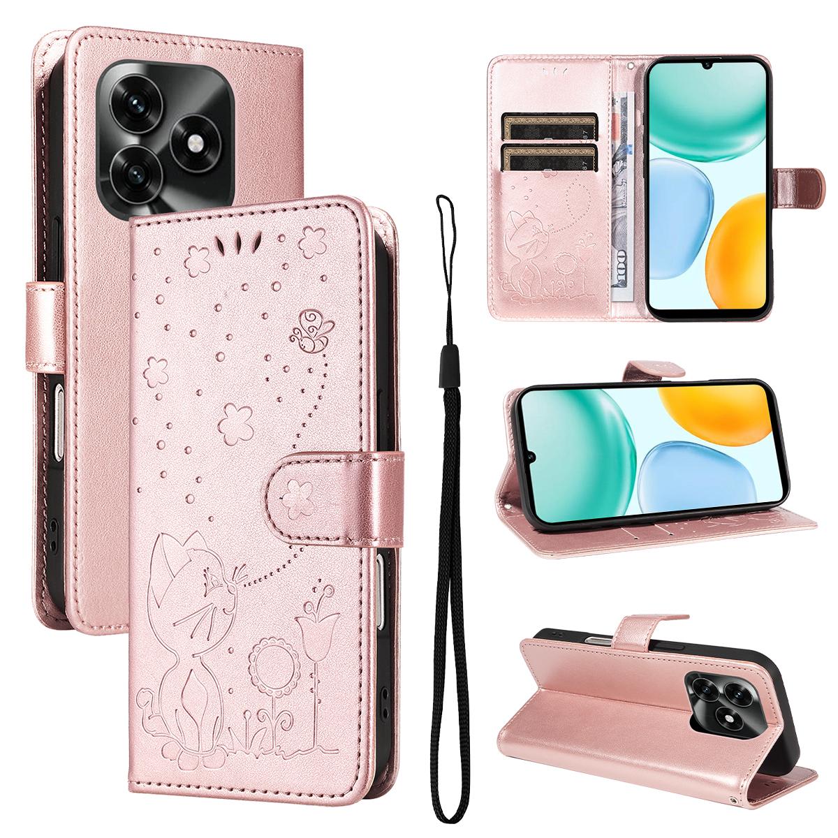 For Honor X5c Plus Cat and Bee Embossed Flip Leather Phone Case Wallet Cover with Card Slots Cash Pocket Magnetic Stand Protective Shockproof TPU PU Leather Case with Wrist Strap