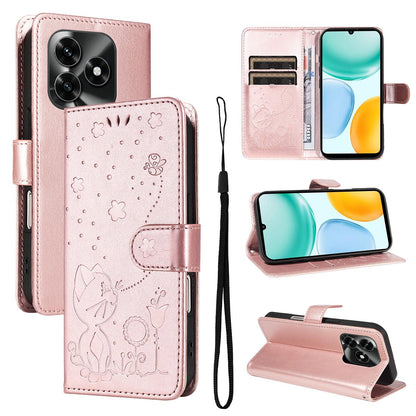 For Honor X5c Plus Cat and Bee Embossed Flip Leather Phone Case Wallet Cover with Card Slots Cash Pocket Magnetic Stand Protective Shockproof TPU PU Leather Case with Wrist Strap